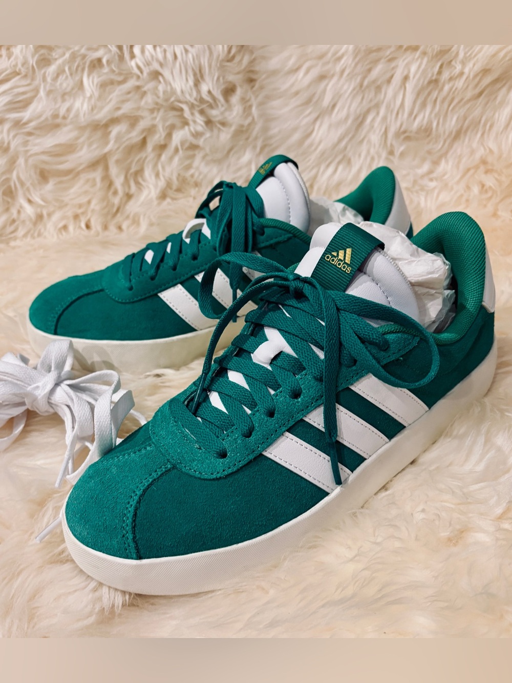 Adidas Women's Campus Green Suede Sneakers with White Stripes and Extra Laces